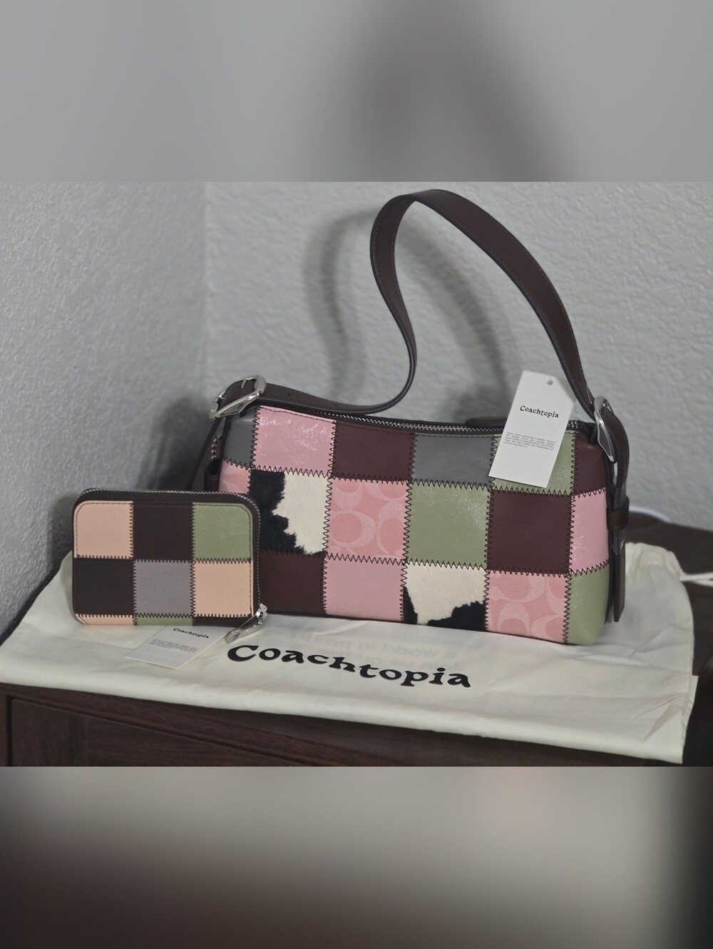 Coach Patchwork Zip-Around Wallet in Pink, Brown & Sage